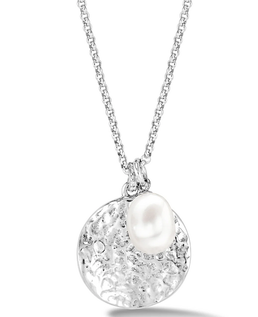 Dower & Hall Hammered Disc & White Freshwater Pearl Nomad Pendant