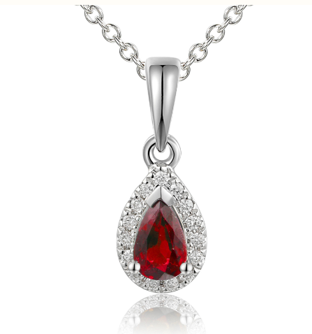 Micro Set Diamond Halo & Ruby Pear Pendant & Chain